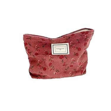 Imagem de Bolsa de maquiagem de algodão pequena bolsa de cosméticos fofa bolsa de higiene pessoal portátil bolsa de maquiagem com zíper, Flores rosa escuro, Cosmetic_case