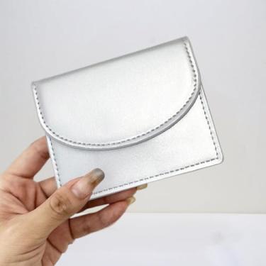 Imagem de Carteira feminina, porta-cartão de couro, porta-cartão de crédito simples, caixa de cartão de visita, bolso compacto para moedas, Prata, Elegante