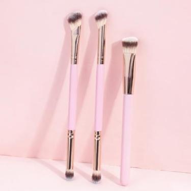 Imagem de 3 pincéis de maquiagem para os olhos, pincel de base ultrafino, pincel de maquiagem avançado para misturar sombra, iluminador e maquiagem em pó (rosa)