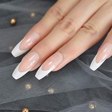 Imagem de Conjunto de unhas postiças brancas francesas longas prensadas de caixão natural nude 24 peças