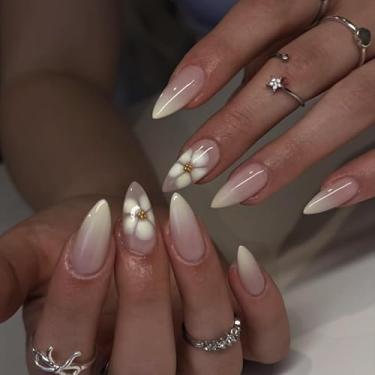 Imagem de Unhas de pressão de amêndoa média, ombré, nude, branco, cola falsa, unhas com design simples de flores, pérolas, cobertura total, bastão falso artificial em unhas de acrílico para mulheres, 24 peças