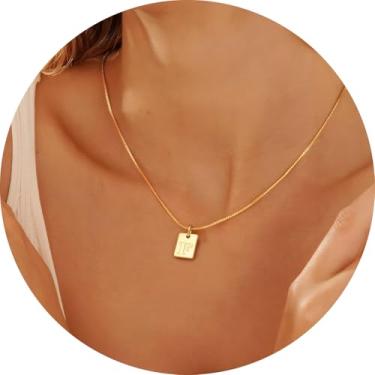 Imagem de Colar com inicial feminina, pingente retangular banhado a ouro 18K, joia mínima de A a Z, colar personalizado, 18+2in, Aço inoxidável, Sem Pedra Preciosa