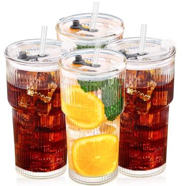 Imagem de MdakeGo Copos de vidro de 590 ml com tampa e canudo, copo de café gelado de vidro canelado com tampa, copo de vidro vintage espesso de boca larga, copo de copos para smoothieds, coquetéis e sucos