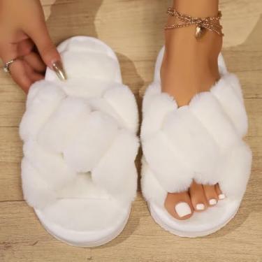 Imagem de Pantufas femininas de pelúcia felpudas com sola antiderrapante para uso interno e externo, tamanco quente sem cadarço para inverno, outono, maternidade, pós-parto, Branco, 36