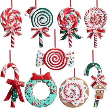Imagem de Conjunto de 18 peças de enfeites de doces de Natal, decorações de hortelã-pimenta para pendurar pirulito de Natal, enfeite de argila de polímero para decoração de guirlanda de festa (pirulito)
