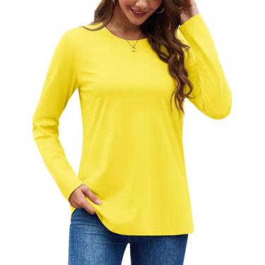 Imagem de Camisa feminina YUCOLEN de algodão, manga comprida, gola redonda, amar
