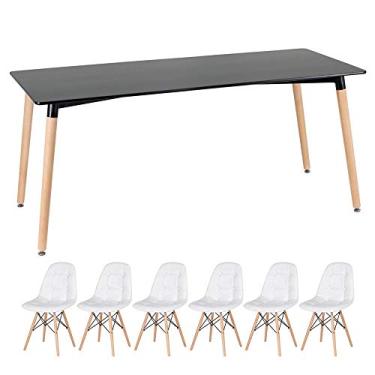 Imagem de Loft7, Kit Mesa retangular Eames 80 x 160 cm preto + 6 cadeiras estofadas Botonê branco