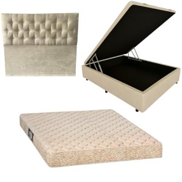 Imagem de Cama Box Baú Blindada com Colchão de Espuma Orthopedic + Cabeceira Botonê (CORINO BEGE, Casal)