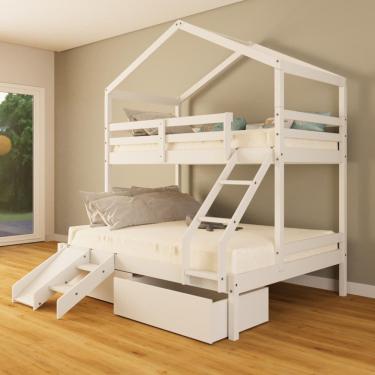 Imagem de Beliche Casal/ Solteiro Casinha com Gavetas e Kit Escada/Escorregador Madeira Maciça Branco Megamobilia