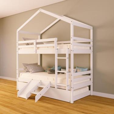 Imagem de Treliche Solteiro Casinha e Kit Escada/Escorregador Madeira Maciça Branco Megamobilia
