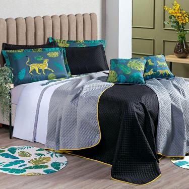 Imagem de Cobre Leito Onça Preto/cinza DuplaFace+Almofadas Queen 7Pçs