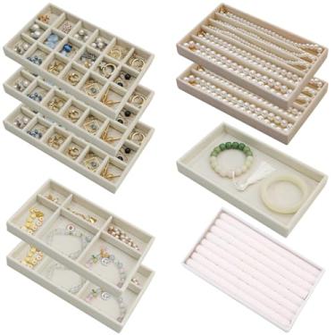 Imagem de LUMINFLY Conjunto organizador de bandeja de joias com 9 peças, armazenamento estilo gaveta, vários compartimentos, bege acolchoado, para colares, brincos, anéis