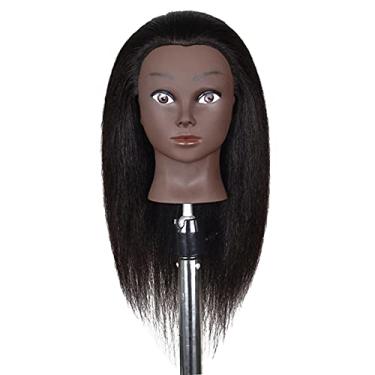 Imagem de barenx Boneca de treino de cabelo cabeça de manequim de treinamento afro com grampo, cabelo humano real, grosso, pode permanente, alvejante, corte e sopro - pele preta de 40 cm