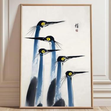 Imagem de Arte de parede de guindaste japonês vintage pôster ilustrações divertidas pássaro asiático arte de parede tinta guindaste azul impressões em aquarela minimalista imagem animal animal estampas