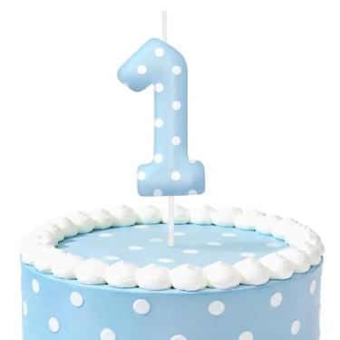 Imagem de Velas de aniversário de bolinhas azuis para bolo, velas número 1, decorações de aniversário, artigos de festa, topo de bolo de bolinhas para decoração de festa temática para meninos e meninas (número