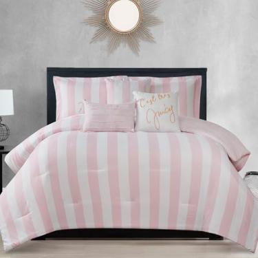 Imagem de Juicy Couture Conjunto de cama reversível com listras Cabana – Queen/casal – Estampa listrada rosa/branca – Conjunto de 6 peças – Inclui 1 edredom de 228 cm x 228 cm, 3 travesseiros decorativos, 2