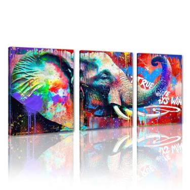 Imagem de Yeesjoee Tela de grafite colorido arte de parede clássica decoração de parede de rua elefante grafite imagem de animais legais pôster para sala de estar quarto, 30,5 x 40,6 cm x 3 peças