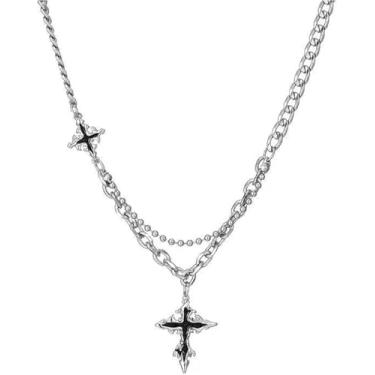Imagem de Colar de corrente com pingente de cruz gótica, corrente de elos de prata de camada dupla, pingente de cruz com destaque preto