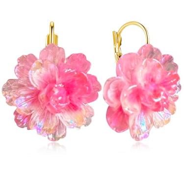 Imagem de unixmoment Brincos femininos boêmios feitos à mão com pingente de camélia floral e flor de resina colorida, Large, Resina, Sem pedra preciosa