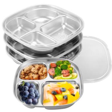 Imagem de 4 Peças de Pratos de Aço Inoxidável Crianças com Tampas, Recipientes para Snacks Bento Divididos sem BPA Crianças Pequenas Material Alimentação para Bebés