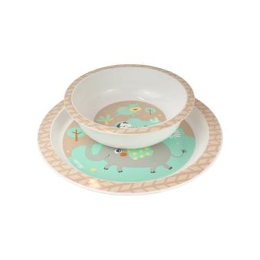 Imagem de Clingo Kit Prato e Tigela Infantil Safari, Plástico com Borda de Silicone, 3 Peças, Redondo, Brilhante, Antiderrapante, Tema Infantil, Laranja e Amarelo, 20cm