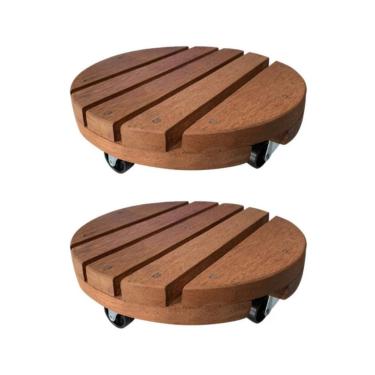 Imagem de Kit 02 Carrinho Suporte Para Vaso 20cm 25cm 30cm Redondo Madeira Tratada Cedro - Suporte Redondo com Rodas, Ideal para Mover Plantas na Varanda, Jardim e Área Interna(20cm)
