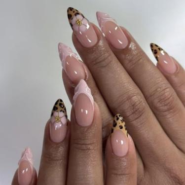 Imagem de Unhas postiças com estampa de leopardo francês de amêndoa média com flor 3D simples Desien cobertura completa cola acrílica falsa em unha para mulheres, 24 peças