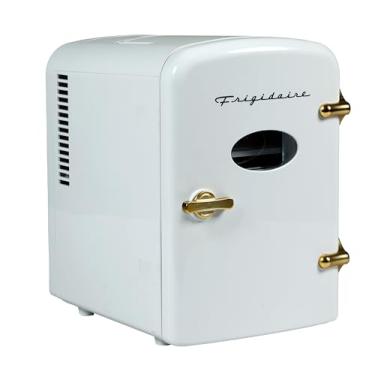 Imagem de Frigidaire - Mini geladeira pessoal retrô comporta até 9 latas, portátil para carro, escritório, quarto, quarto ou cabine, inclui cabos de 110 V CA e 12 V CC, ouro branco