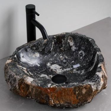 Imagem de MIDUSO Pia de embarcação de pedra irregular 100% feita à mão; pia de pedra real; pia de embarcação exclusiva; acima do balcão; pia de rocha de rio; banheiros rústicos de pias; Irre RiverStone 332