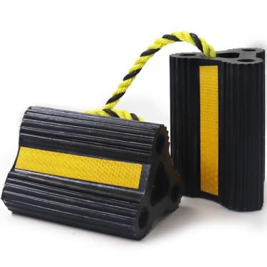 Imagem de Calços de roda para trailers, trailers, caminhões e calços de roda de aeronaves pequenas, bloco de calços de roda com 3 tiras refletivas, imobilizadores e calços de roda de borracha sólida versátil