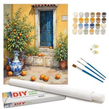 Imagem de Kit de pintura por números de laranjeiras para adultos - Pátio DIY com porta azul e pintura de árvores frutíferas em tela enrolada 40,6 x 50,8 cm, conjunto de tinta acrílica para iniciantes, arte para
