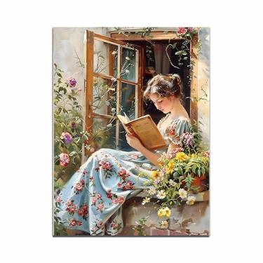 Imagem de Vintage Woman Reading in the Window Canvas Painting Poster Reading In the Spring Flower Garden Wall Art Book Lover Artful Wall Decor 28 x 35 cm sem moldura