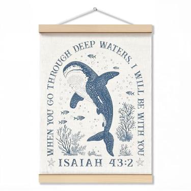 Imagem de ZNGFON Decoração de parede cristã de tubarão-baleia moderno 30,5 x 40,6 cm, When You Go Through Deep Waters I Will Be With You Isaías 43:2, pôster de arte de parede com moldura de madeira, verso azul