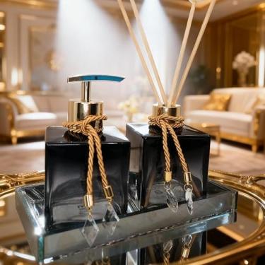 Imagem de Kit Lavabo Vidro 250ml Âmbar Luxo com Difusor, Saboneteira e Bandeja Decorativa Completa(Preto Degrade C/Dourado,Com Bandeja)