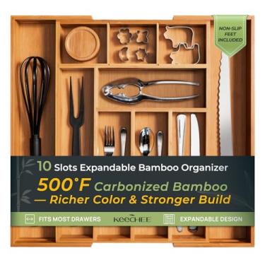 Imagem de Organizador de gaveta de cozinha de bambu carbonizado, organizador expansível de talheres de 8 a 10 compartimentos, suporte de utensílios e bandeja de talheres, 5,6 cm de profundidade para capacidade