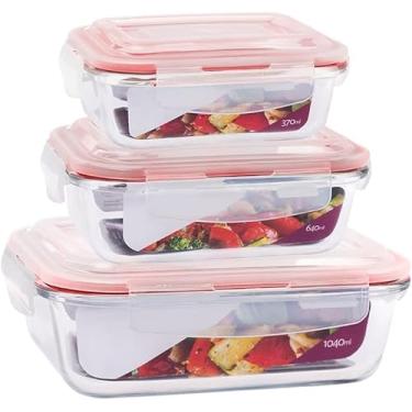 Imagem de Kit 3 ou 5 Potes de Vidro Hermético com Tampa e Trava, 370ml, 640ml e 1040ml, Para Marmitas, Transparente, Livre de BPA (3 Potes)