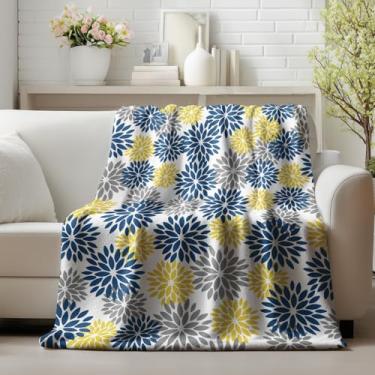 Imagem de Horaldaily Cobertor de flanela azul amarelo, cinza, dália, pinnata, primavera, verão, floral, macio, felpudo, aconchegante, cobertores de lã para sofá, cama, descanso, presentes ideais para crianças e