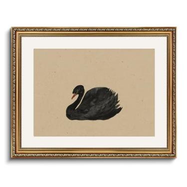 Imagem de VIYYIEA Arte de parede emoldurada a ouro, impressão em tela de cisne negro, decoração de casa, pintura de arte vintage, decoração de parede de banheiro, arte de animais para sala de estar, quarto
