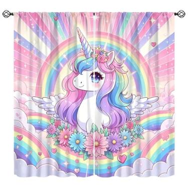 Imagem de Wallira Lindas cortinas de unicórnio para crianças, ombré, rosa, arco-íris, estrelas, desenho animado, decoração com bolso para varão, tratamento de janela para meninas, quarto de bebê, sala de estar