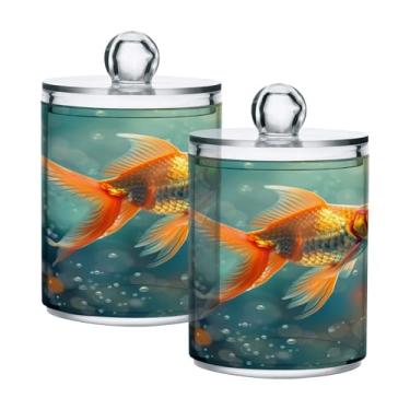 Imagem de CEBUGI Dispensador de suporte Qtip para cotonetes, bolas, almofadas de fio dental fofo peixinho dourado frasco de boticário de plástico transparente com tampa acessórios essenciais de banheiro