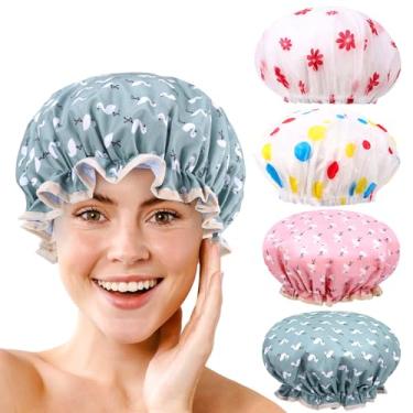 Imagem de Toucas de banho para mulheres, 4 peças de toucas de banho elásticas e reutilizáveis, touca de banho de camada dupla à prova d'água, toucas de banho, chapéu de banho de cabelo de proteção ambiental