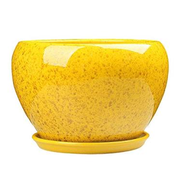 Imagem de Vasos de flores vaso de flores estilo chinês amarelo esmalte vaso de cerâmica interior grande vaso de plantas suculentas com bandeja para varanda ao ar livre plantador respirável requintado vaso de