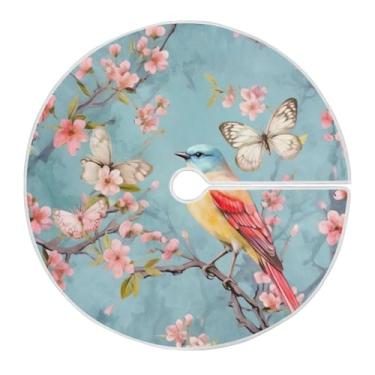 Imagem de Wassud Saia para árvore de Natal com laços seguros, pássaro de 90 cm em flor de cerejeira, tapete festivo de árvore de Natal para festas de ano novo, decoração de casa