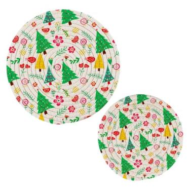 Imagem de Wassud Conjunto de trivet floral de árvore de Natal para pratos quentes, suportes de panela redondos, almofadas quentes de algodão, porta-copos elegantes, decoração de cozinha e acessórios, 2 peças
