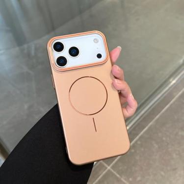 Imagem de Capa fina e dourada com suporte magnético para lente, compatível com iPhone 17 Pro Max, 17, 16, 15, 14 e 13 Pro. Feita em PC+TPU, na cor dourada. Também compatível com iPhone 13 Pro Max.