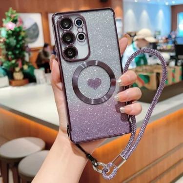Imagem de Capa para celular com pulseira magnética e revestimento cromado para Samsung Galaxy S24 S23 S21 FE S25 Ultra S22 Plus, capa protetora com glitter degradê, roxa, para Samsung Galaxy S23 Ultra