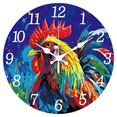 Imagem de CHGCRAFT Relógio artístico de parede de galo de 30,5 cm colorido relógio de pintura a óleo retrato quadro de madeira relógios decorativos redondos para quarto, sala de estar, cozinha, escritório