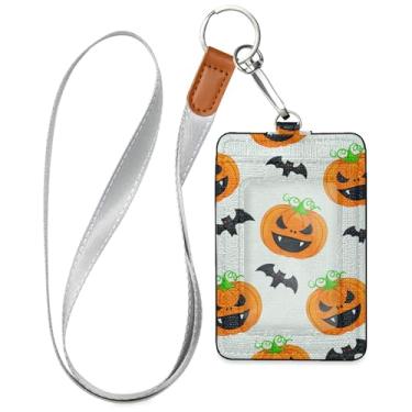 Imagem de Burbuja Porta-crachá de couro com cordão, etiqueta de identificação de abóboras com 1 janela transparente para identidade e 2 compartimentos para cartão para escritório, enfermeira, professor, médico