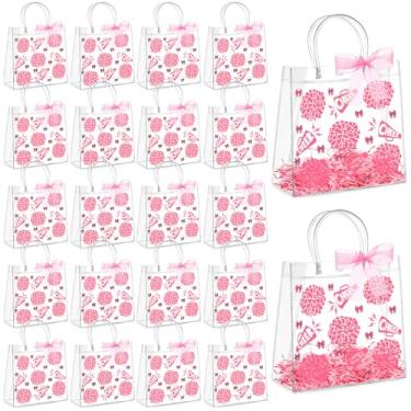 Imagem de AmazingSpark Conjunto de 20 sacos de presente de PVC transparente com alças reutilizáveis para lembrancinhas de festa com fita de ráfia saco de presente de plástico para líder de torcida (rosa)