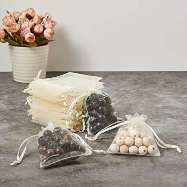 Imagem de 50 unidades de sacos de presente de organza com cordão 9 x 7 cm para festa de casamento, lembrancinhas de Natal, bolsas de organza translúcidas para embalagem de armazenamento de joias (amarelo claro)